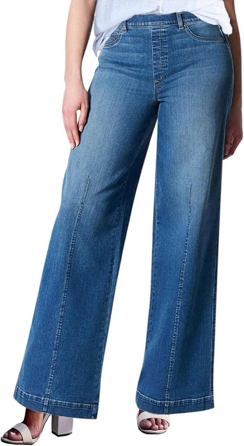 Gumipy Women Seamed Front Wide Leg Jeans Elastic Waist Stretch Denim Flare Jeans High Waisted Baggy Jean Bell Bottom Jeans