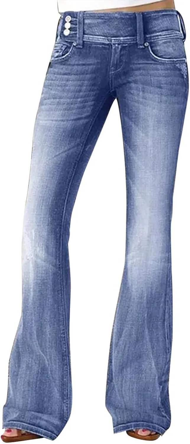 Gumipy Women Seamed Front Wide Leg Jeans Elastic Waist Stretch Denim Flare Jeans High Waisted Baggy Jean Bell Bottom Jeans