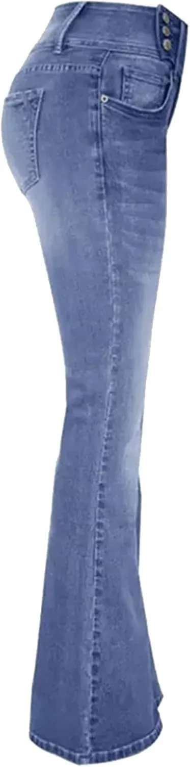 Gumipy Women Seamed Front Wide Leg Jeans Elastic Waist Stretch Denim Flare Jeans High Waisted Baggy Jean Bell Bottom Jeans