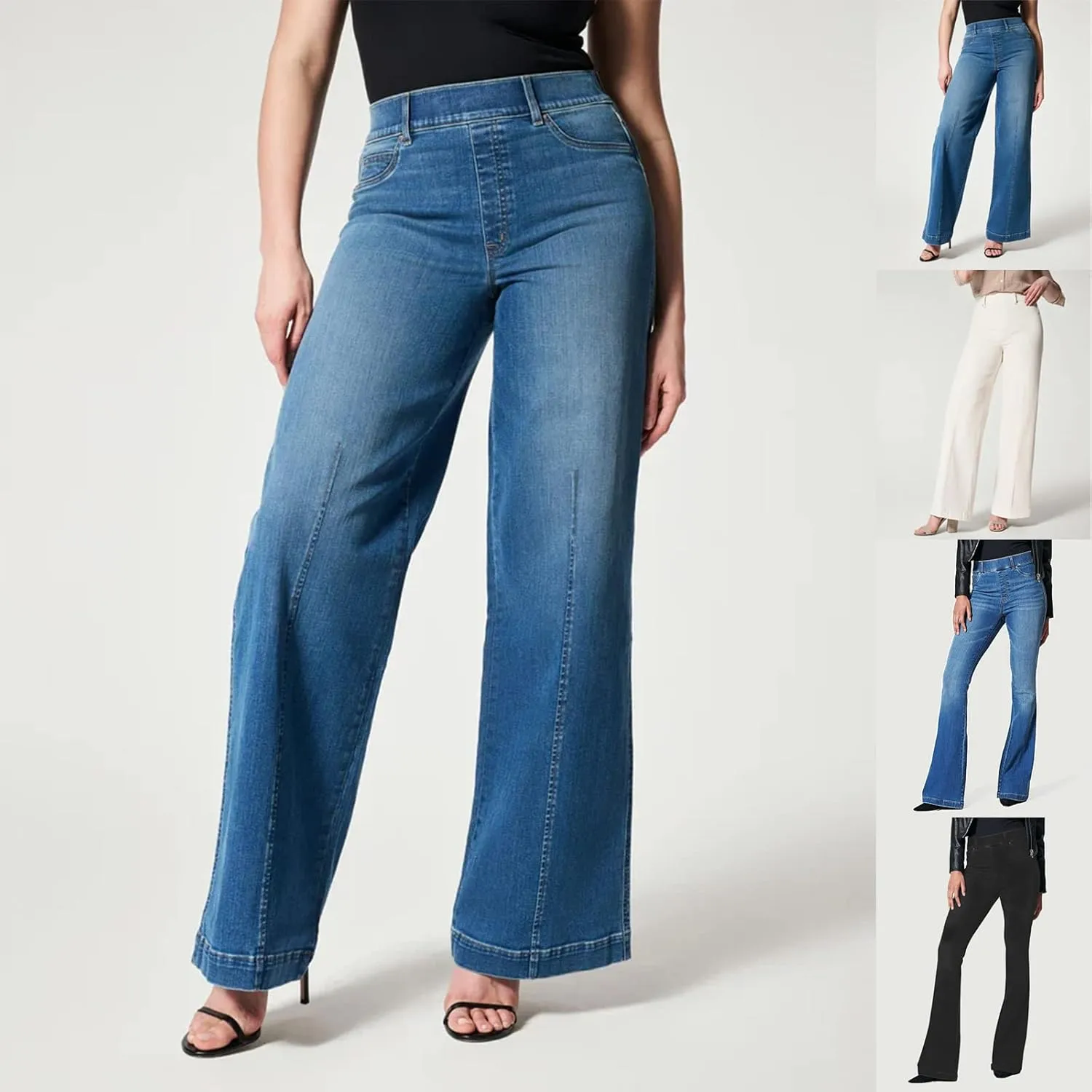 Gumipy Women Seamed Front Wide Leg Jeans Elastic Waist Stretch Denim Flare Jeans High Waisted Baggy Jean Bell Bottom Jeans