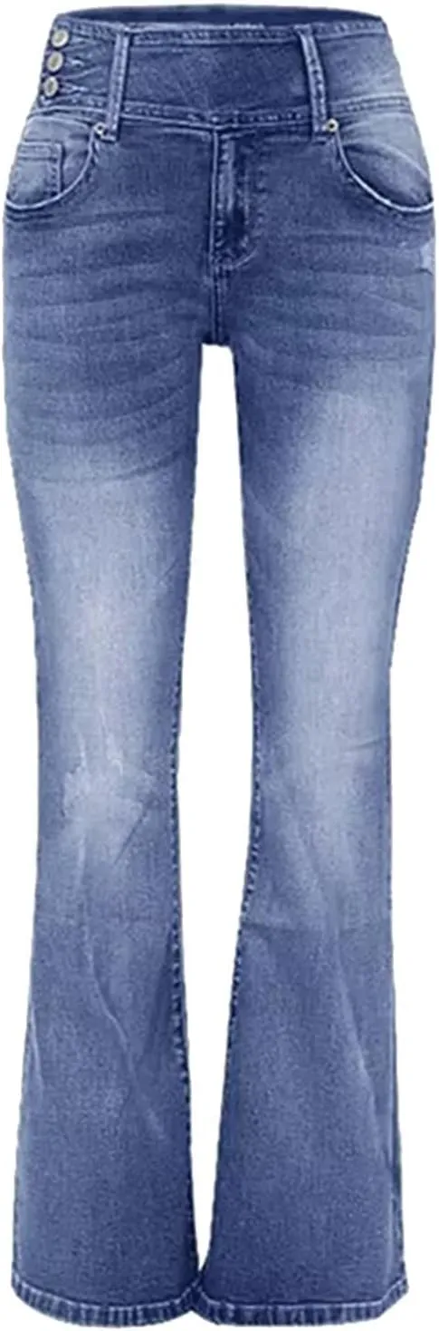 Gumipy Women Seamed Front Wide Leg Jeans Elastic Waist Stretch Denim Flare Jeans High Waisted Baggy Jean Bell Bottom Jeans
