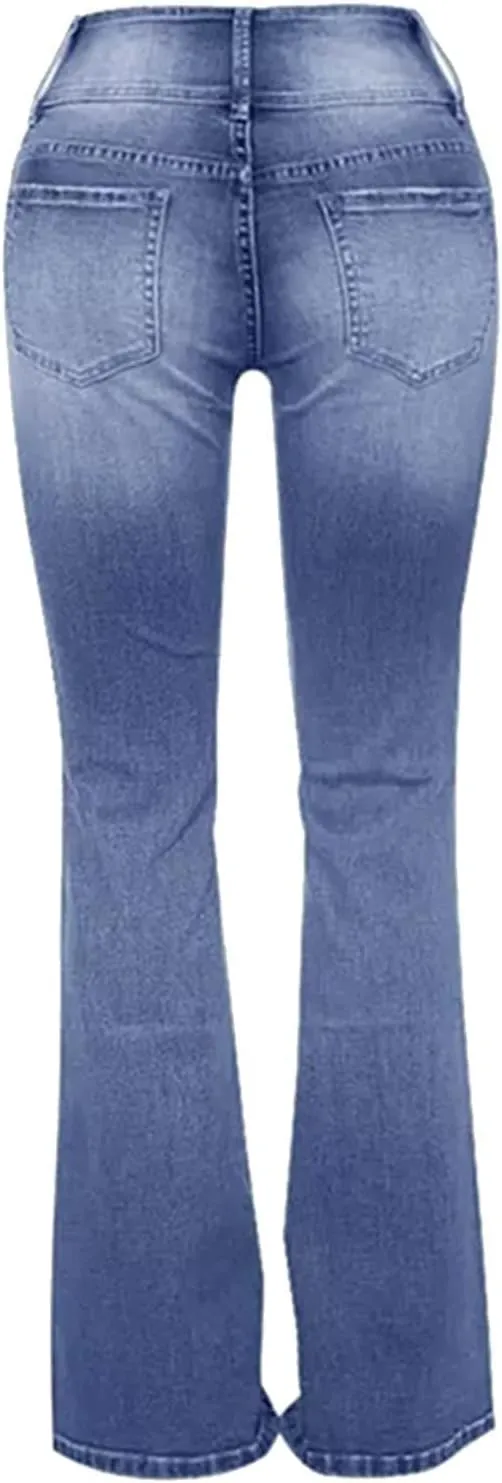 Gumipy Women Seamed Front Wide Leg Jeans Elastic Waist Stretch Denim Flare Jeans High Waisted Baggy Jean Bell Bottom Jeans