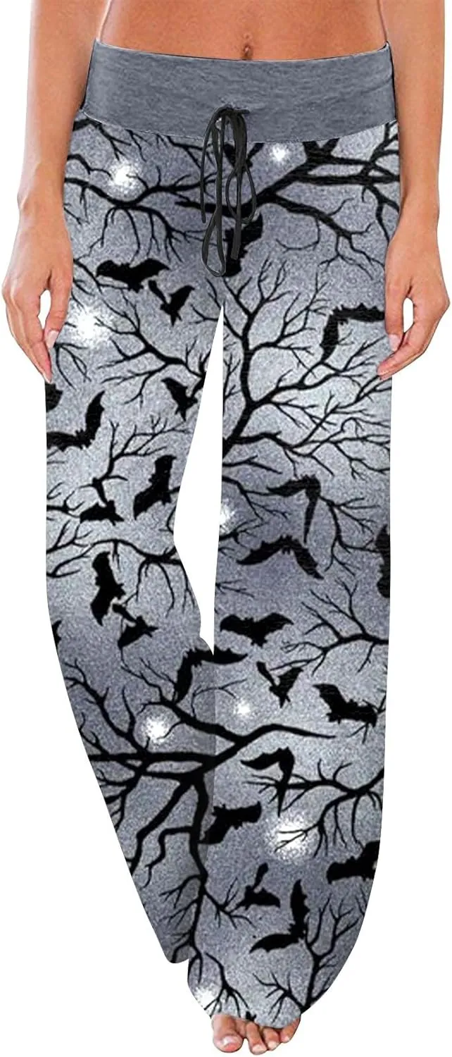 Halloween Women's Soft Comfy Wide Leg Lounge Pj Pants - Baggy Elastic High Waisted Sleepwear