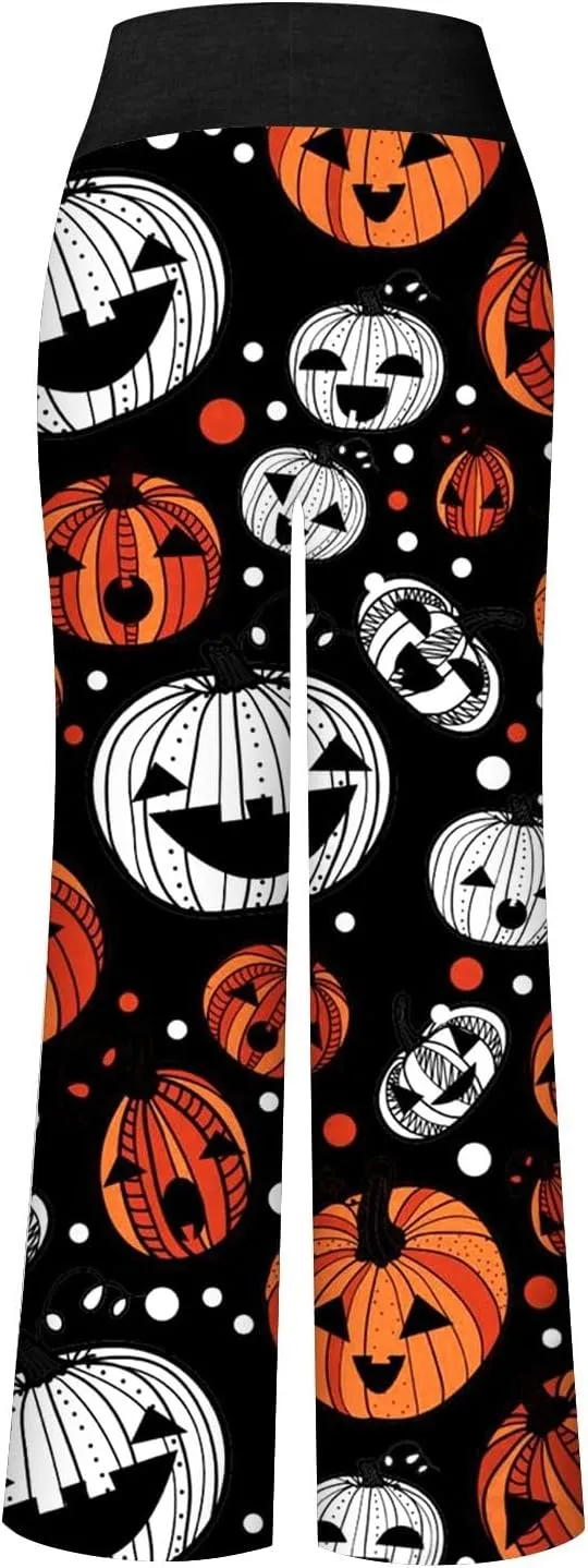 Halloween Women's Soft Comfy Wide Leg Lounge Pj Pants - Baggy Elastic High Waisted Sleepwear