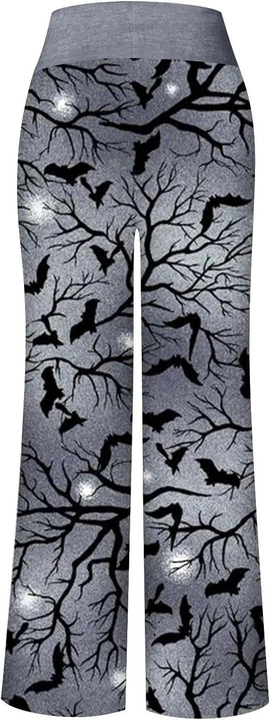 Halloween Women's Soft Comfy Wide Leg Lounge Pj Pants - Baggy Elastic High Waisted Sleepwear