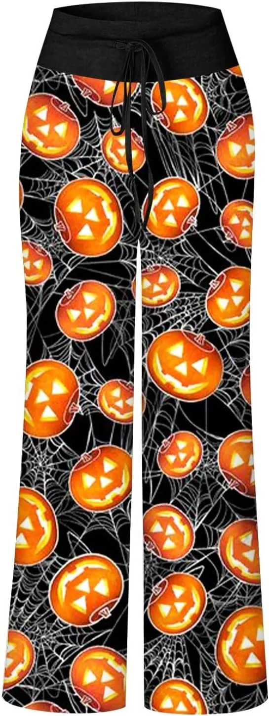 Halloween Women's Soft Comfy Wide Leg Lounge Pj Pants - Baggy Elastic High Waisted Sleepwear