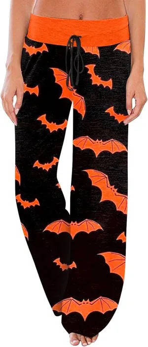 Halloween Women's Soft Comfy Wide Leg Lounge Pj Pants - Baggy Elastic High Waisted Sleepwear