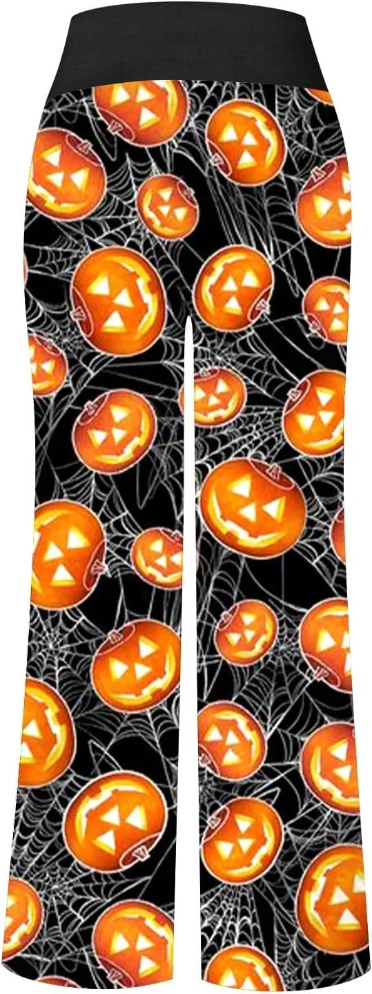 Halloween Women's Soft Comfy Wide Leg Lounge Pj Pants - Baggy Elastic High Waisted Sleepwear