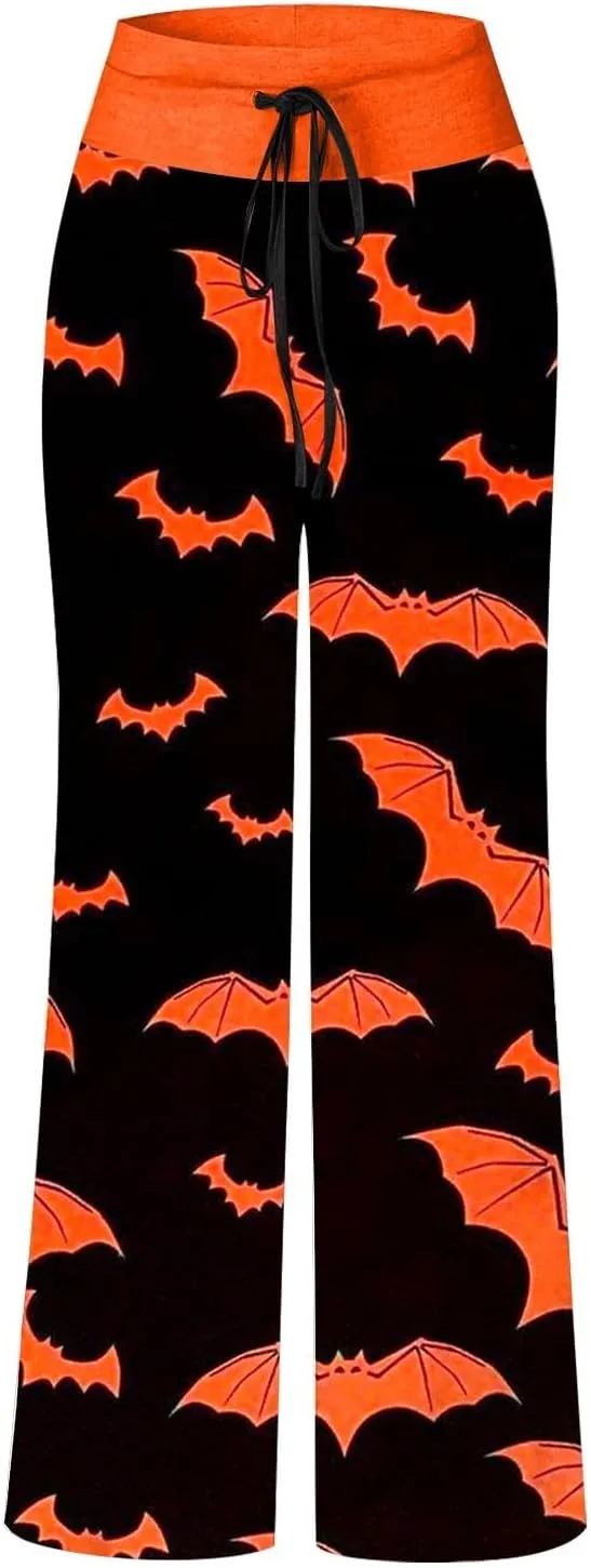 Halloween Women's Soft Comfy Wide Leg Lounge Pj Pants - Baggy Elastic High Waisted Sleepwear