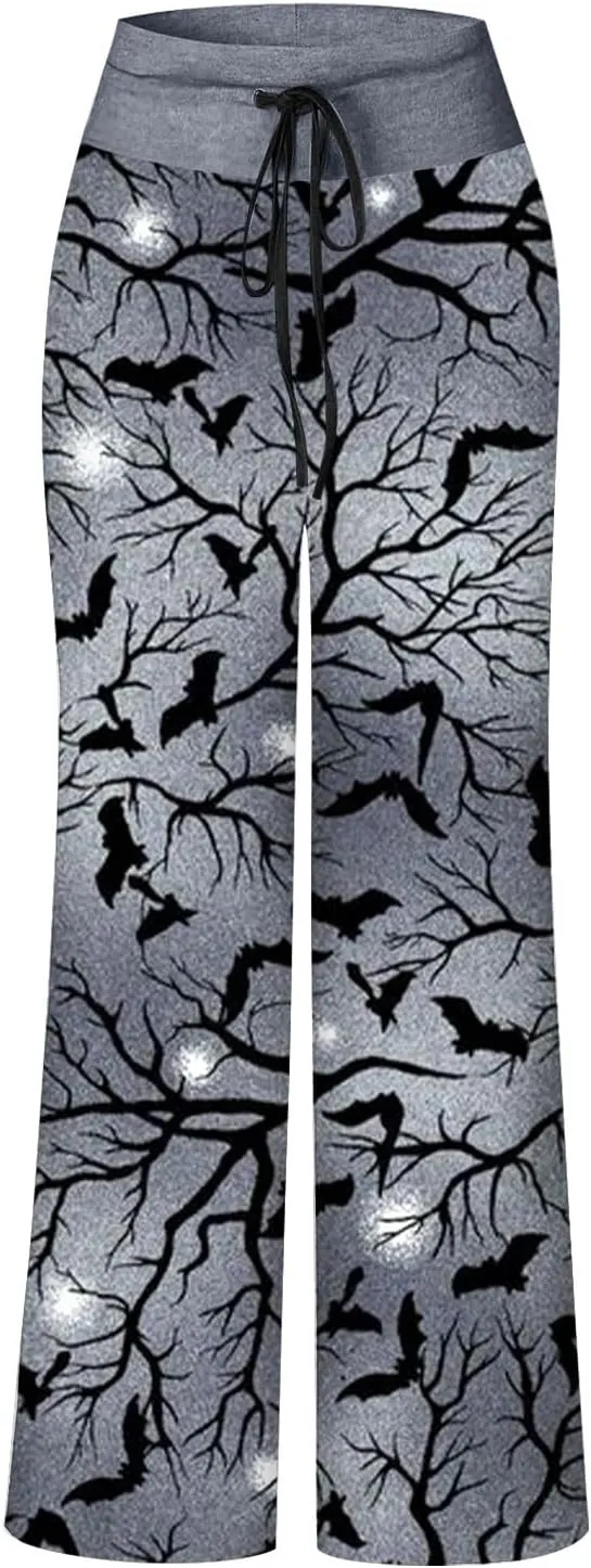Halloween Women's Soft Comfy Wide Leg Lounge Pj Pants - Baggy Elastic High Waisted Sleepwear