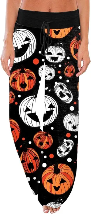 Halloween Women's Soft Comfy Wide Leg Lounge Pj Pants - Baggy Elastic High Waisted Sleepwear