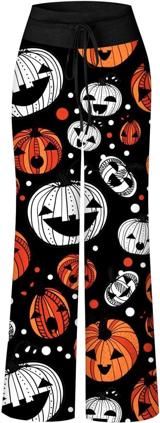 Halloween Women's Soft Comfy Wide Leg Lounge Pj Pants - Baggy Elastic High Waisted Sleepwear