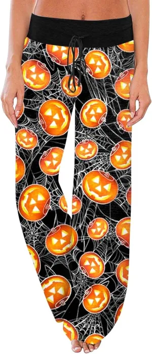 Halloween Women's Soft Comfy Wide Leg Lounge Pj Pants - Baggy Elastic High Waisted Sleepwear