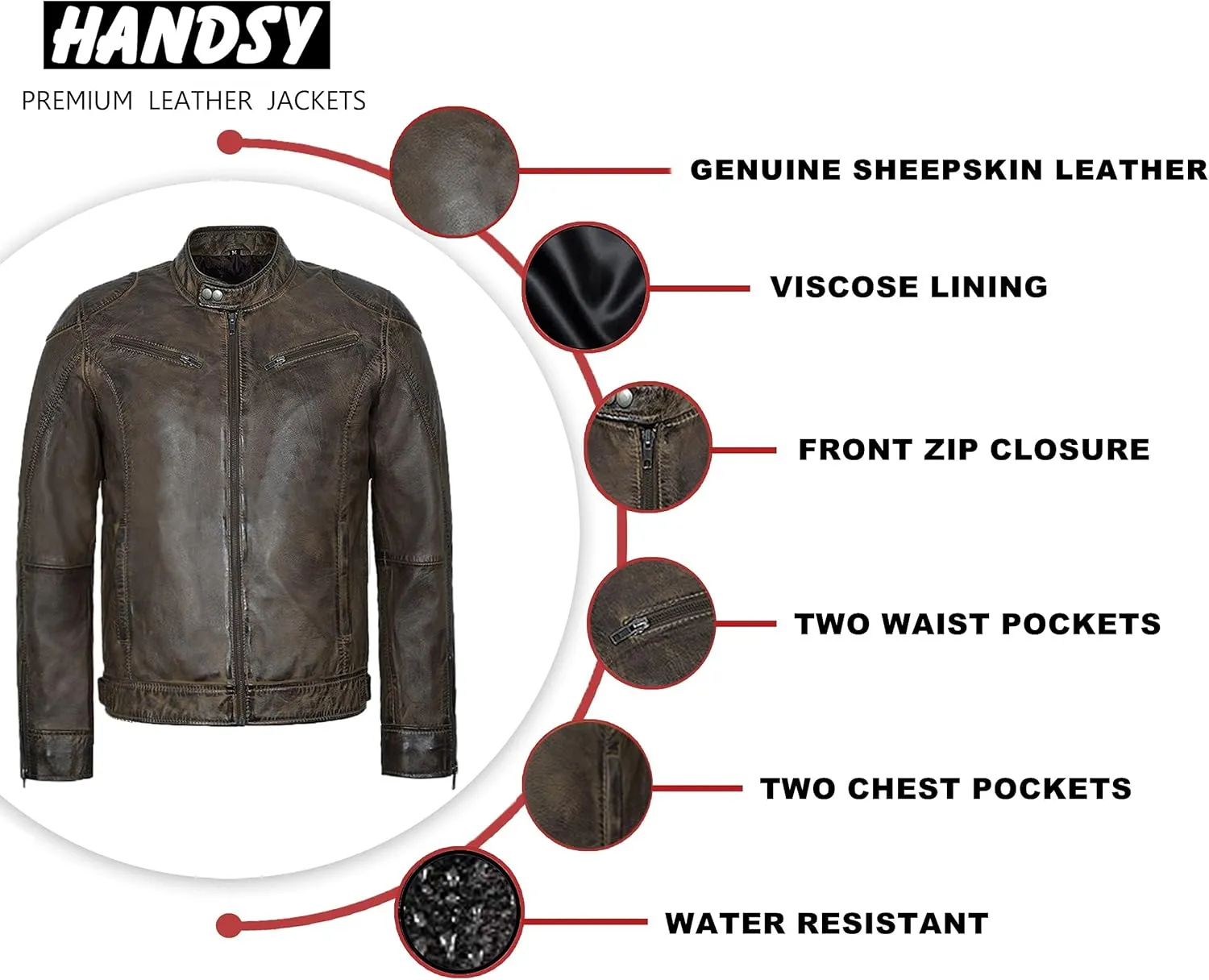 HANDSY Leather Jackets For Men - Leather Motorcycle Jacket Men -leather Biker Jacket Men - Real Leather Jackets For Men