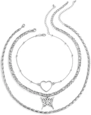 Heart Butterfly Layered Necklaces Women, Figaro 3 Layer Dainty Layered Necklaces for Women Silver