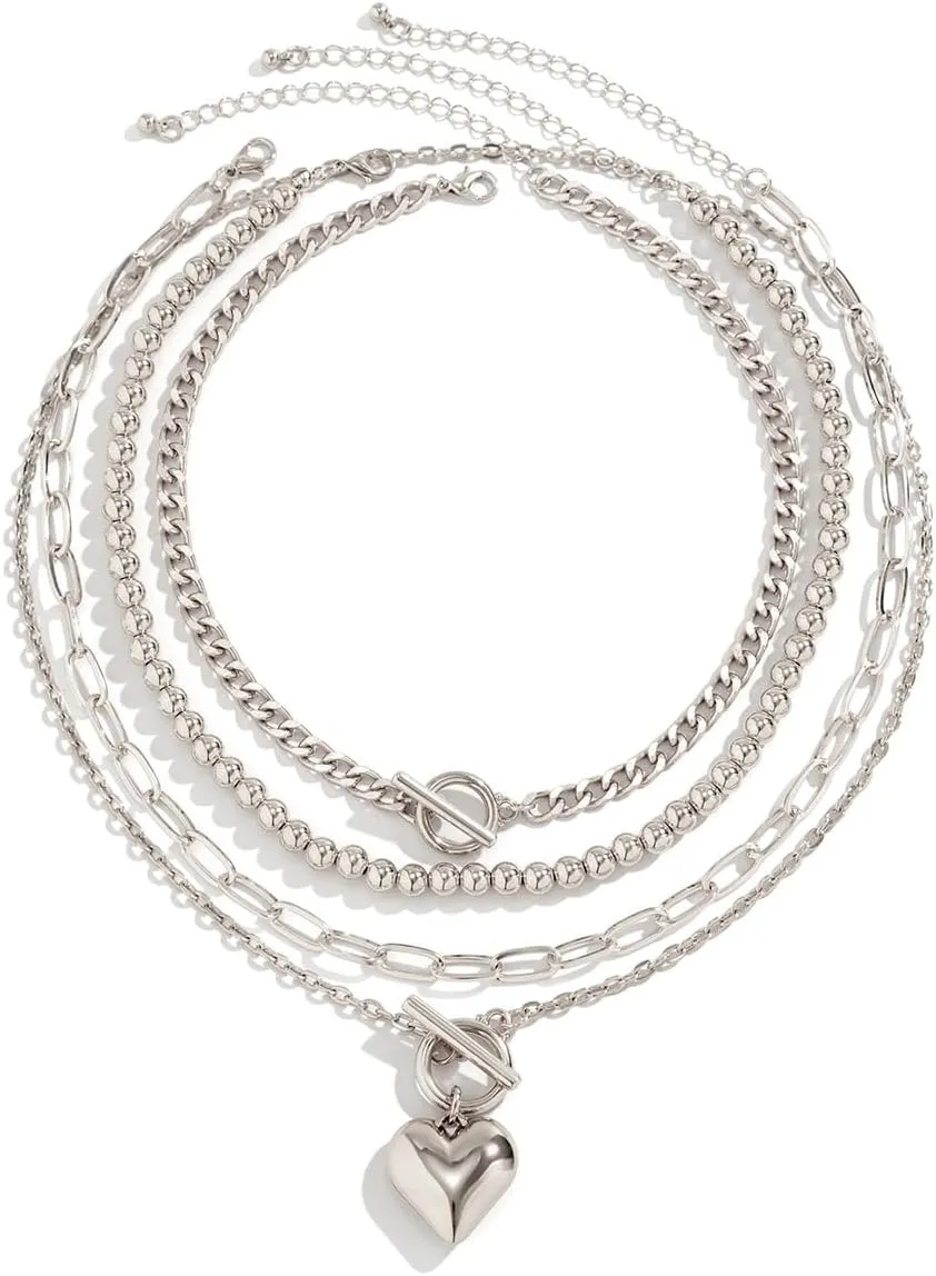Heart Choker Necklaces Gold Silver Plated Link Paper Clip Chain Layered Necklaces Chunky Heart Pendant Necklaces Y2k Grunge Wedding Party Jewelry Gifts for Women