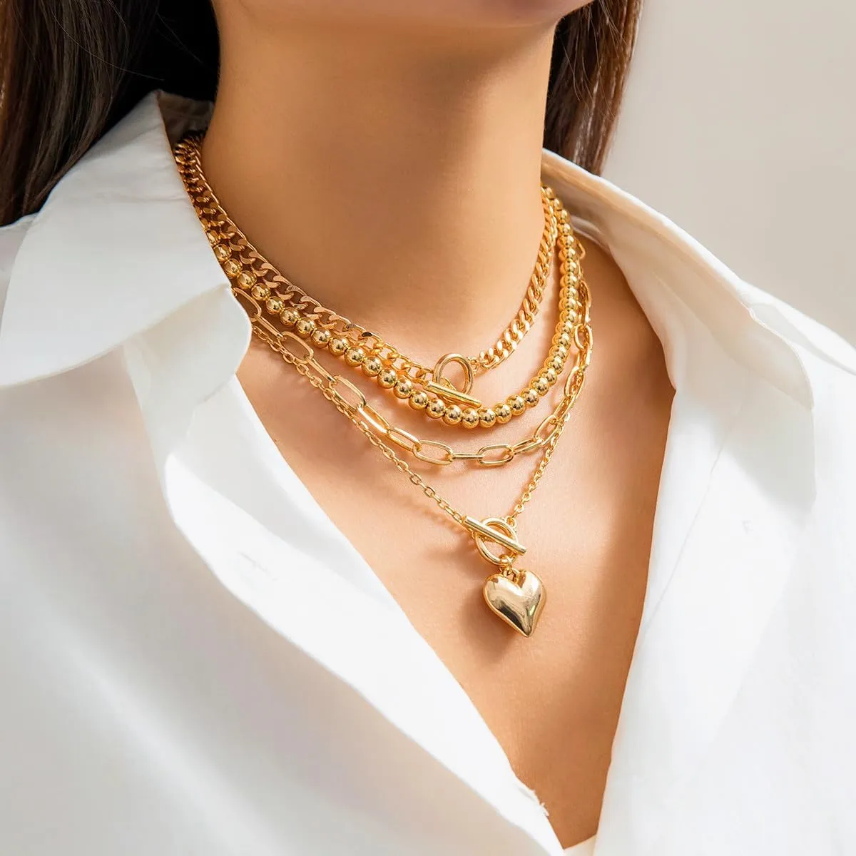 Heart Choker Necklaces Gold Silver Plated Link Paper Clip Chain Layered Necklaces Chunky Heart Pendant Necklaces Y2k Grunge Wedding Party Jewelry Gifts for Women