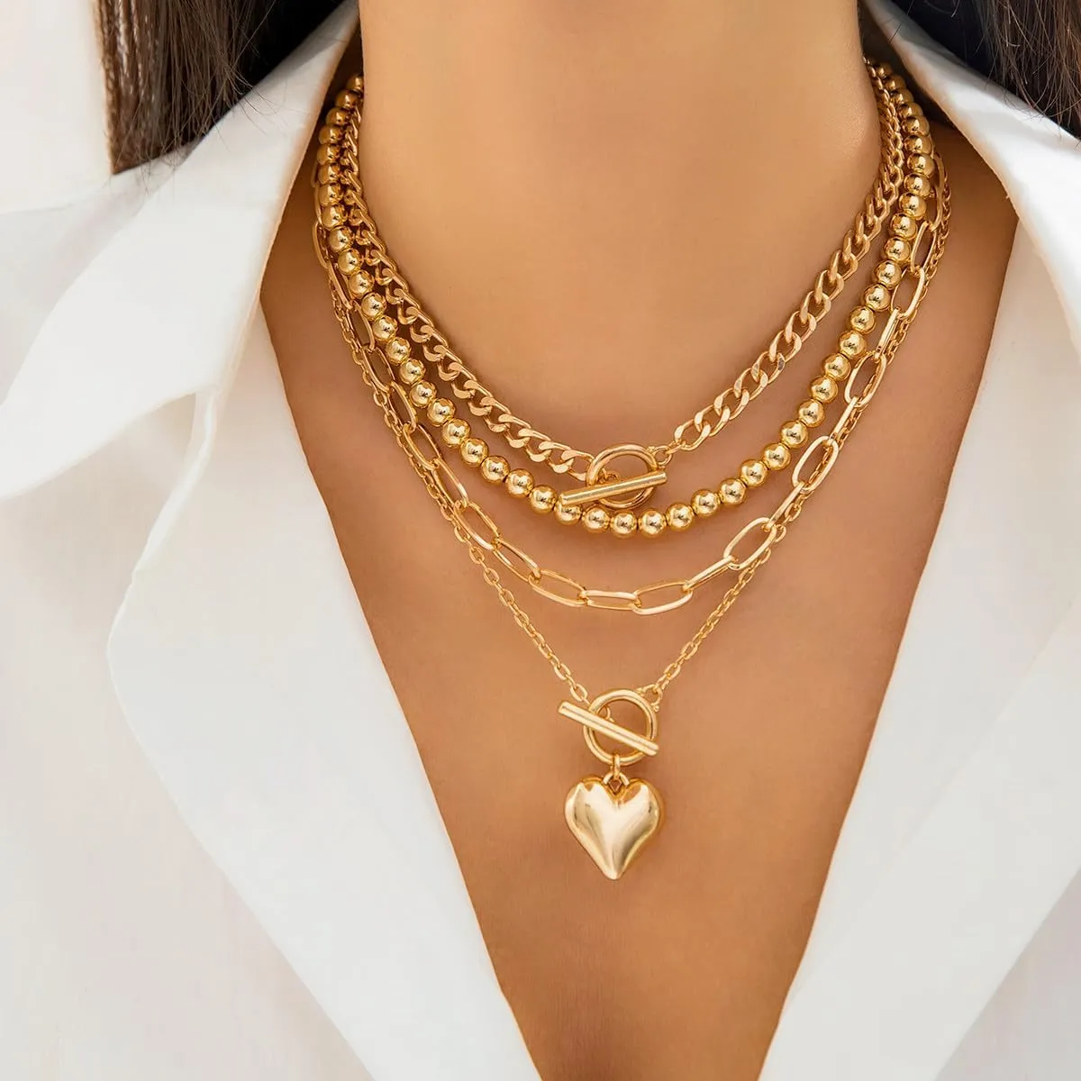 Heart Choker Necklaces Gold Silver Plated Link Paper Clip Chain Layered Necklaces Chunky Heart Pendant Necklaces Y2k Grunge Wedding Party Jewelry Gifts for Women