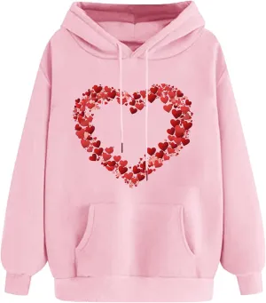 Heart Graphic Hoodies for Women Cute Long Sleeve Valentines Sweatshirts Trendy Comfy Hooded Pullover with Pockets