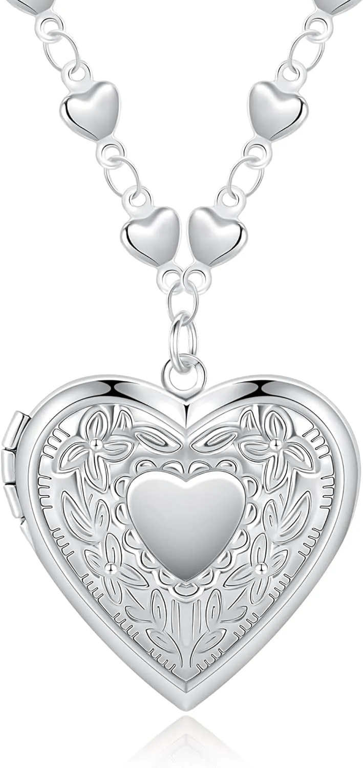 Heart Locket Pendant necklace for Women Photo Silver Lockets Necklaces that Holds Pictures Jewelry