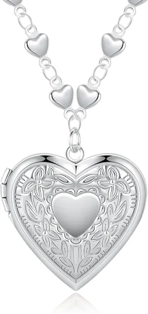 Heart Locket Pendant necklace for Women Photo Silver Lockets Necklaces that Holds Pictures Jewelry