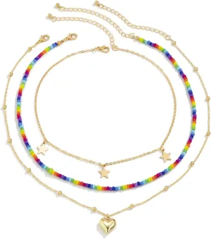 Heart Pendant Long Necklaces for Women, Beaded 3 Layer Layered Gold Necklaces for Women Dainty