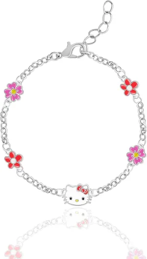 Hello Kitty Sanrio Womens Bracelets - Silver Flash-Plated Jewelry with Flower and Cupcake Pendants