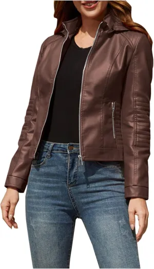 HGps8w Women's Faux Leather Jacket Classic Full Zip Motorcycle Jackets PU Biker Coat with Removable Hood