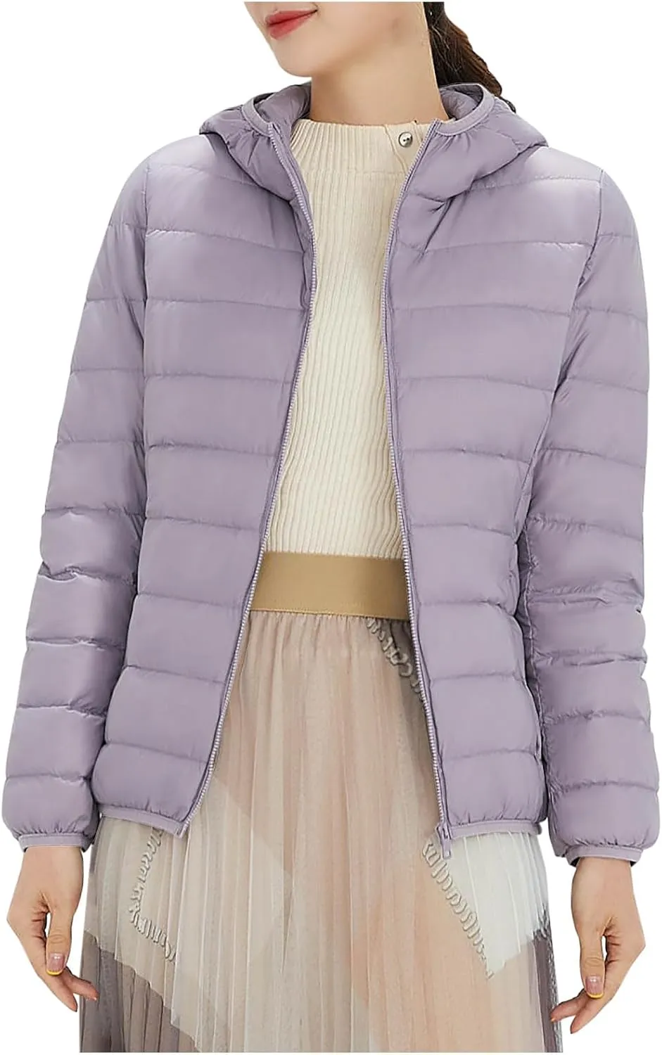 HGps8w Womens Lightweight Packable Hooded Puffer Jacket Casual Zip Up Winter Warm Quilted Padded Down Coats Outwear