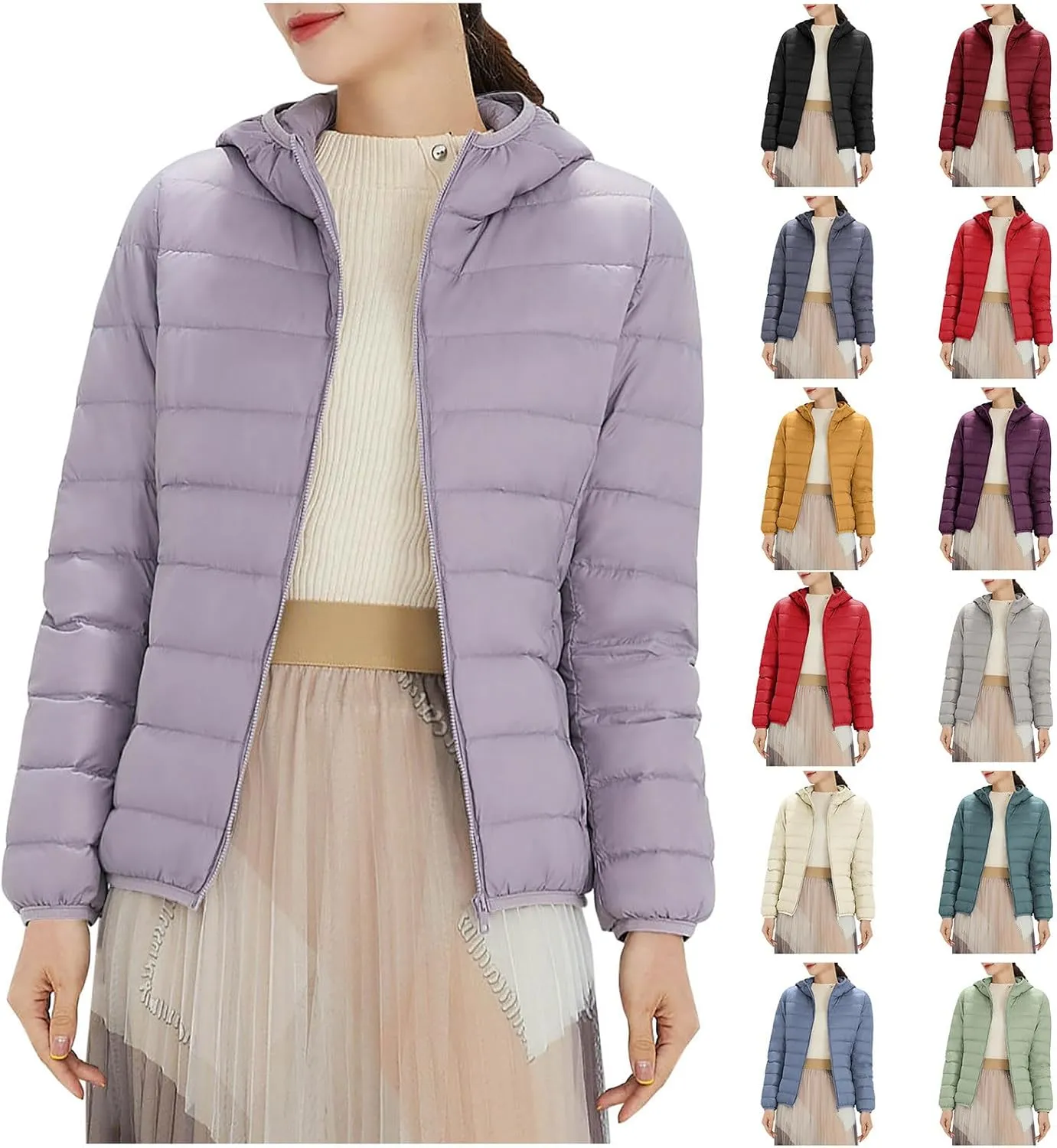 HGps8w Womens Lightweight Packable Hooded Puffer Jacket Casual Zip Up Winter Warm Quilted Padded Down Coats Outwear