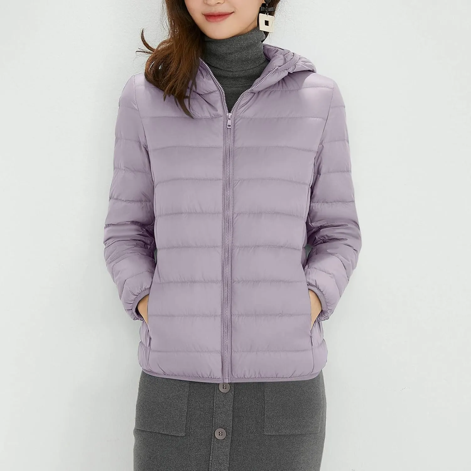 HGps8w Womens Lightweight Packable Hooded Puffer Jacket Casual Zip Up Winter Warm Quilted Padded Down Coats Outwear