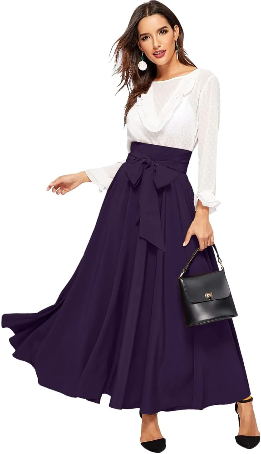 High Waisted Skirts for Women Asymmetrical Draped Hem Flowy Midi Length Bohemian Skirt with Adjustable Waist Tie
