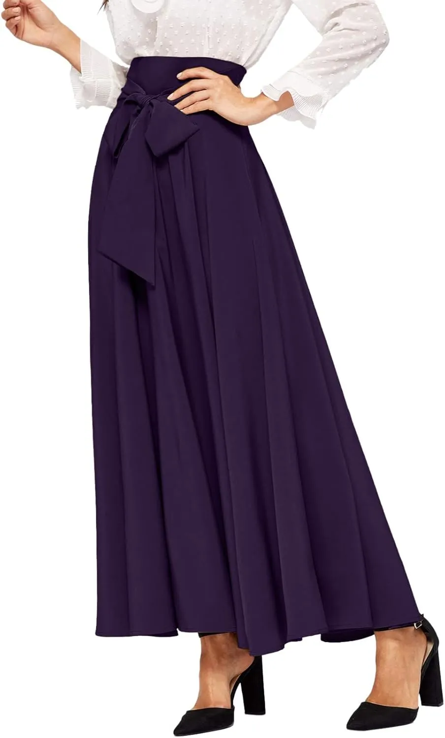 High Waisted Skirts for Women Asymmetrical Draped Hem Flowy Midi Length Bohemian Skirt with Adjustable Waist Tie