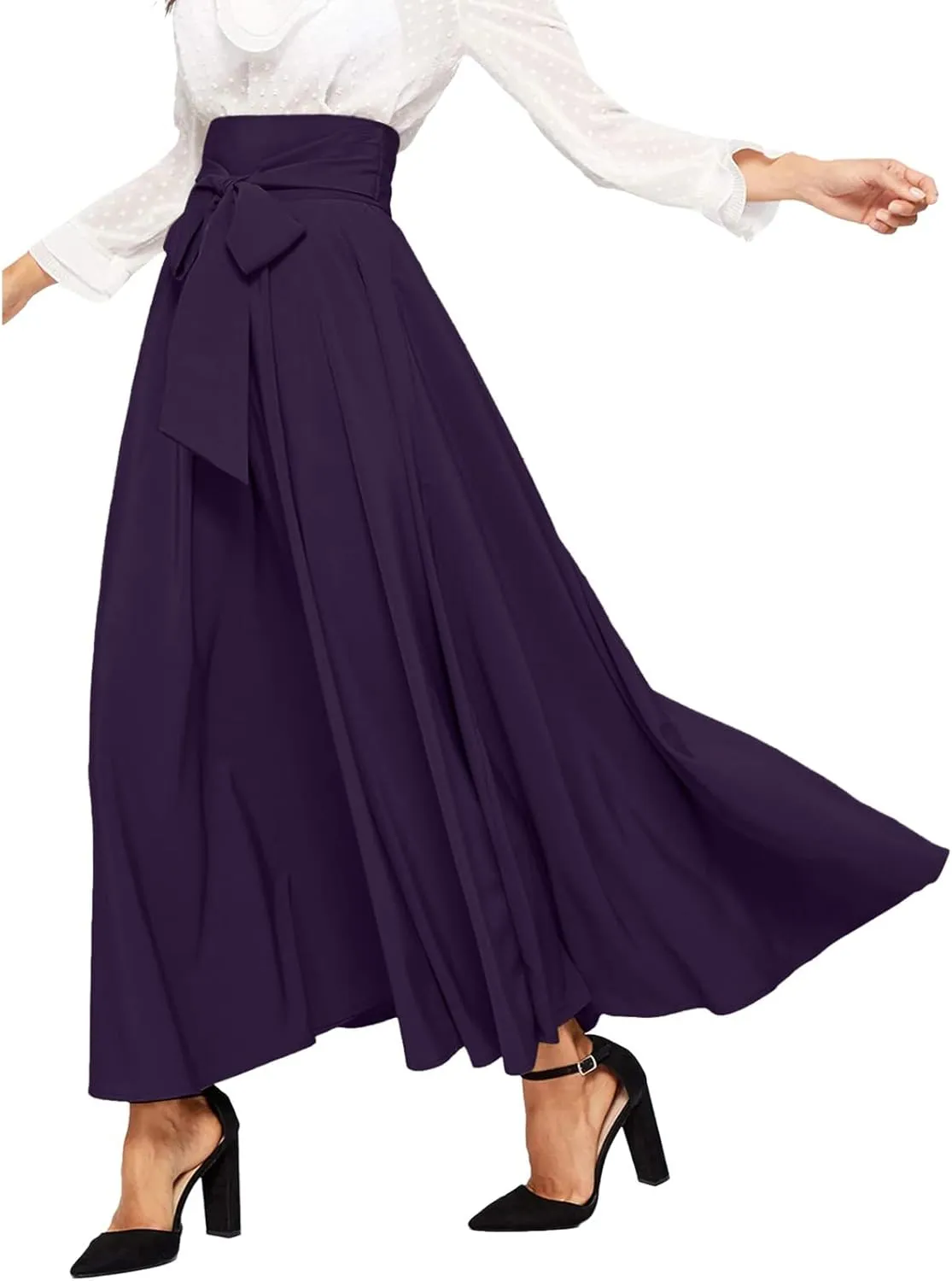 High Waisted Skirts for Women Asymmetrical Draped Hem Flowy Midi Length Bohemian Skirt with Adjustable Waist Tie