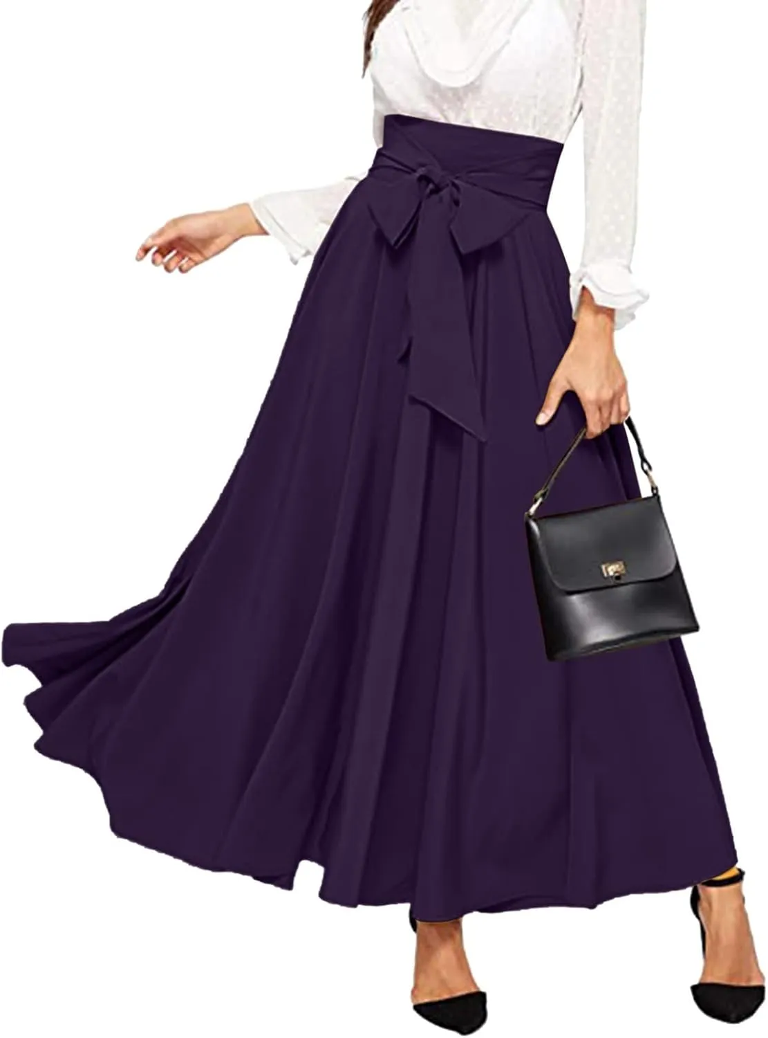 High Waisted Skirts for Women Asymmetrical Draped Hem Flowy Midi Length Bohemian Skirt with Adjustable Waist Tie
