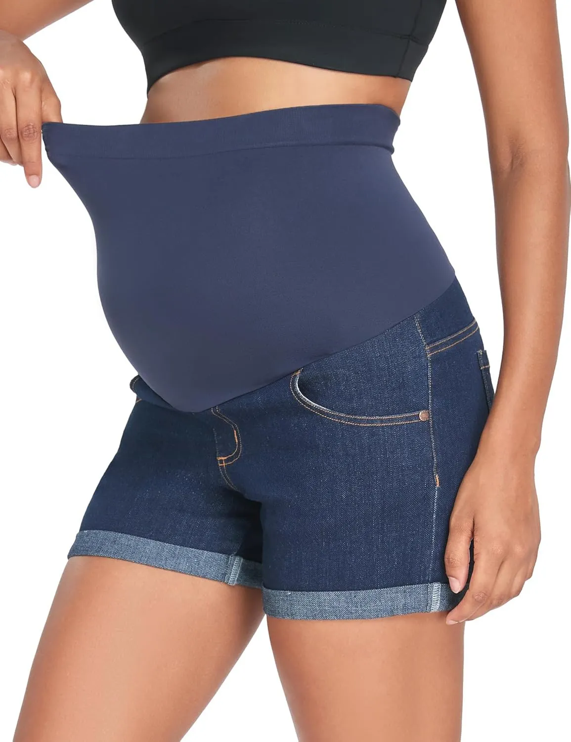 HOFISH Women's Maternity Denim Shorts Over The Belly Stretchy Comfy Jean Shorts Pants Casual Workout Pregnancy Shorts