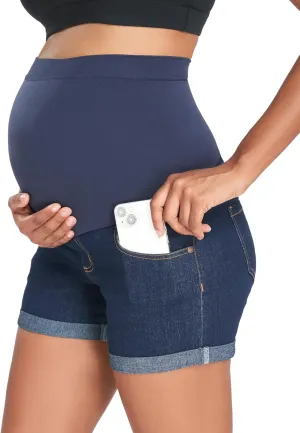 HOFISH Women's Maternity Denim Shorts Over The Belly Stretchy Comfy Jean Shorts Pants Casual Workout Pregnancy Shorts