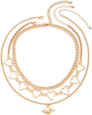 Hollow Heart Planet Pendant Stackable Necklaces, Curb Link 3 Layer Gold Necklaces for Women Gold