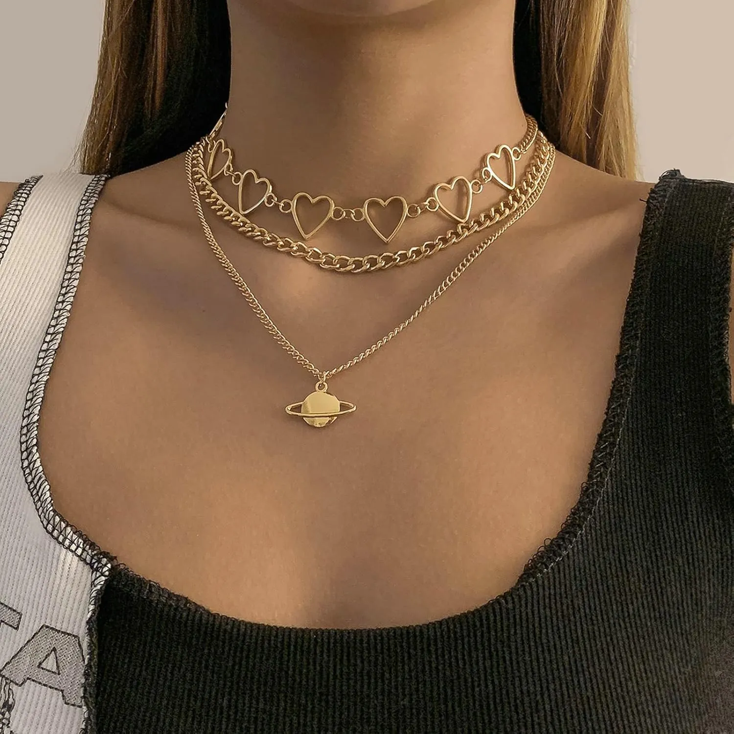 Hollow Heart Planet Pendant Stackable Necklaces, Curb Link 3 Layer Gold Necklaces for Women Gold
