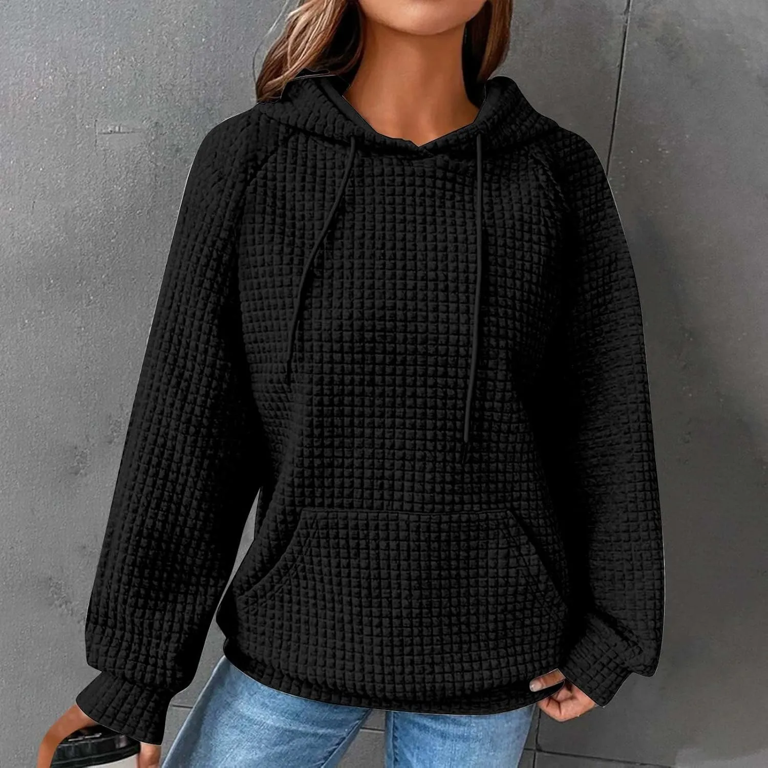 Hoodies for Women Long Sleeve Waffle Knit Sweatshirt Oversized Drawstring Hoodie Loose Hoodie Sweatshirt with Pocket
