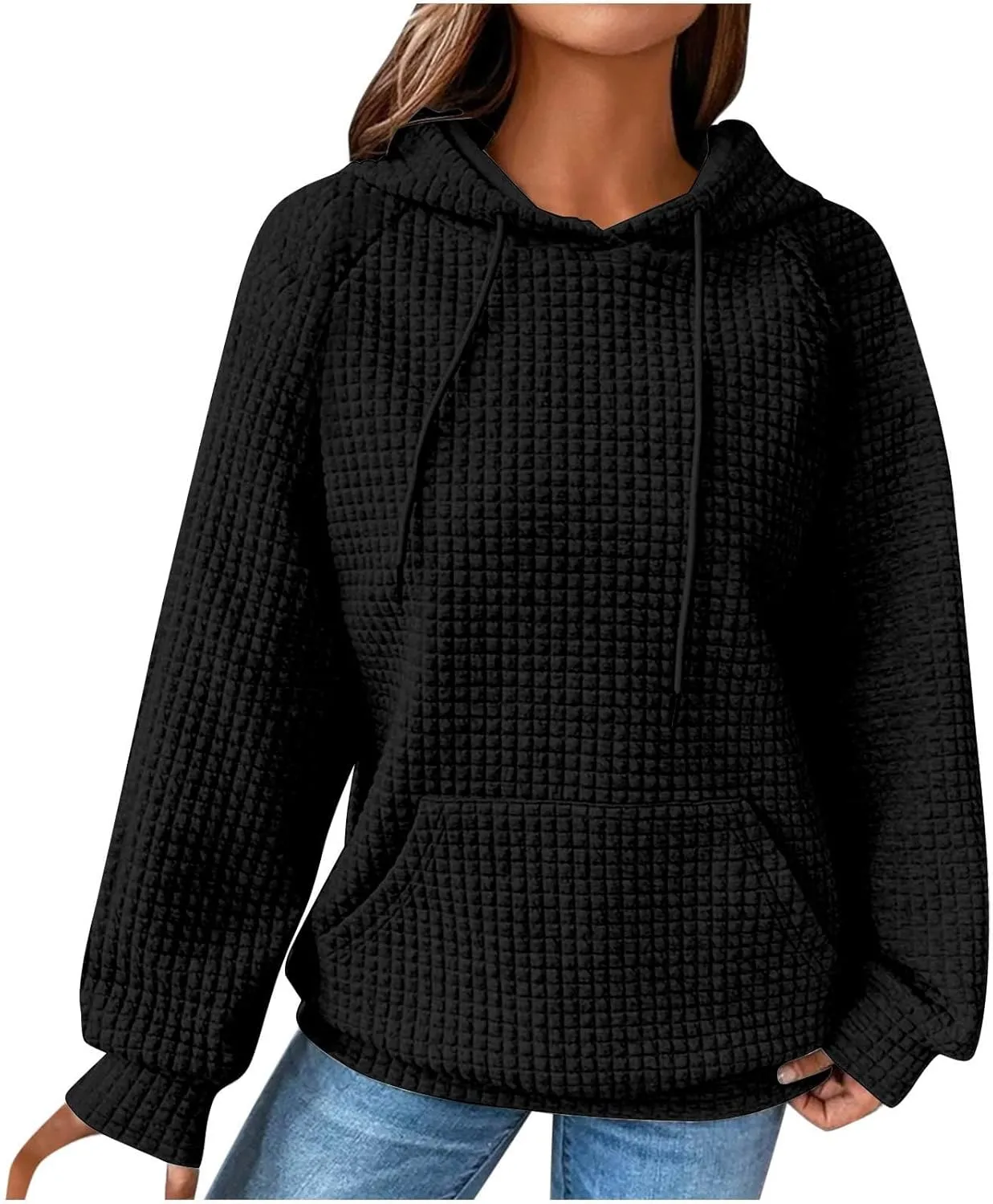 Hoodies for Women Long Sleeve Waffle Knit Sweatshirt Oversized Drawstring Hoodie Loose Hoodie Sweatshirt with Pocket