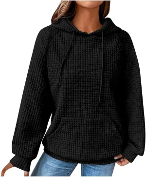 Hoodies for Women Long Sleeve Waffle Knit Sweatshirt Oversized Drawstring Hoodie Loose Hoodie Sweatshirt with Pocket