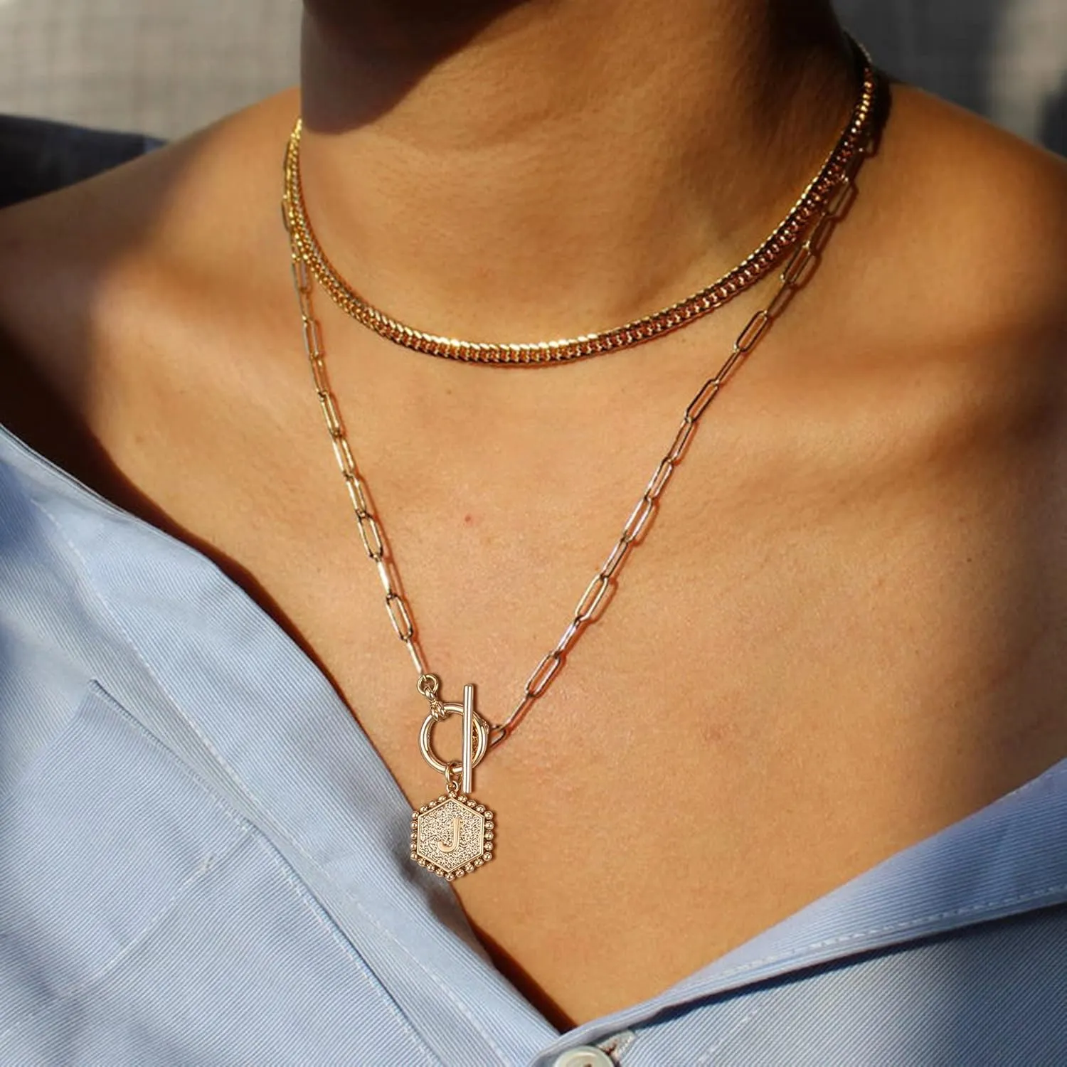 IEFWELL Layered Gold Necklaces for Women - 14K Gold Plated Silver Rose Gold Paperclip Chain Necklace Initial Necklaces for Women Toggle Clasp Layered Necklace Jewelry