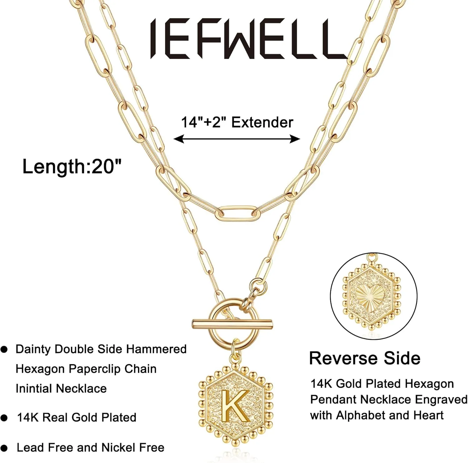 IEFWELL Layered Gold Necklaces for Women - 14K Gold Plated Silver Rose Gold Paperclip Chain Necklace Initial Necklaces for Women Toggle Clasp Layered Necklace Jewelry
