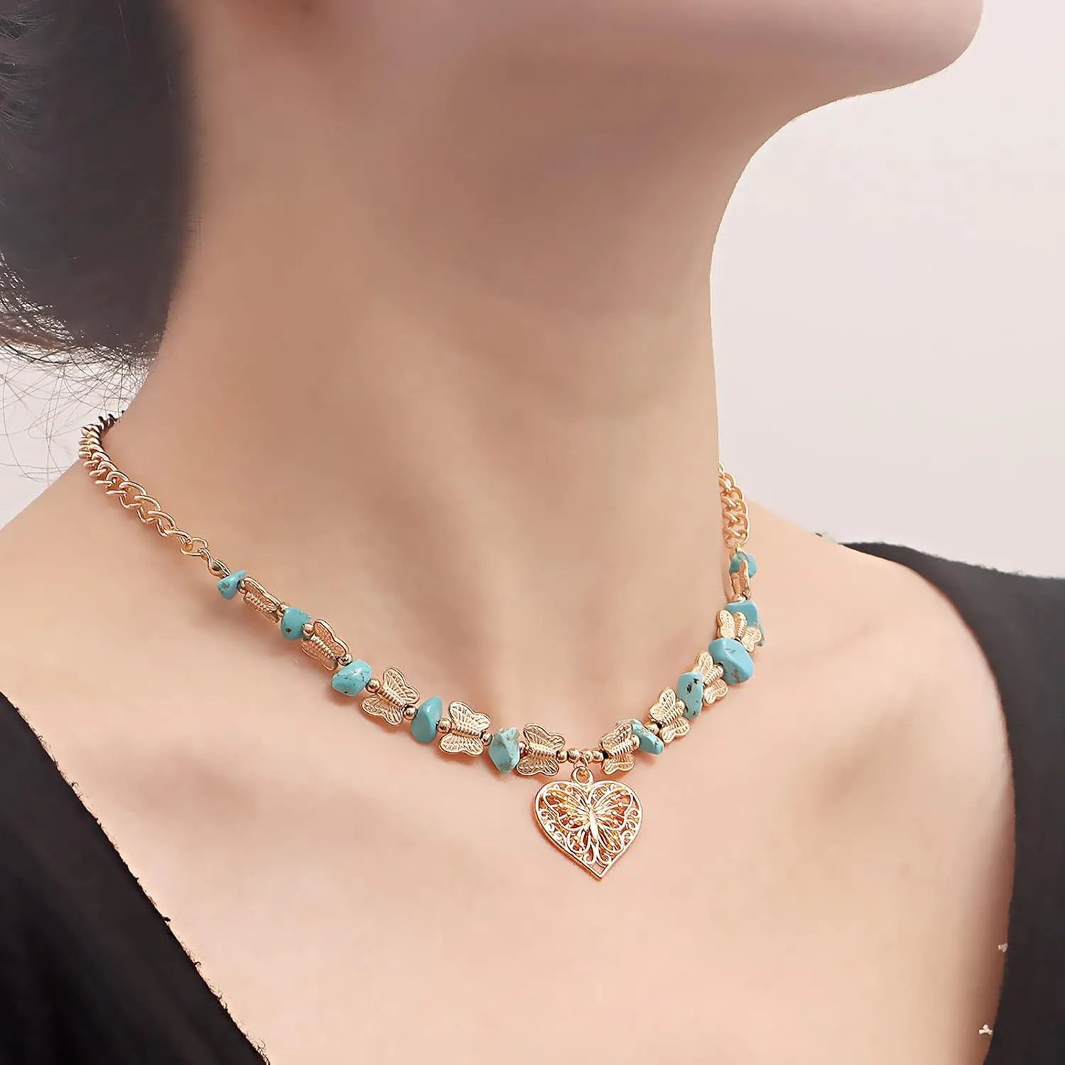Initial Necklaces for Women Turquoise Beads Necklace Long Knotted Stone Multi Strand Layer Necklace Handmade