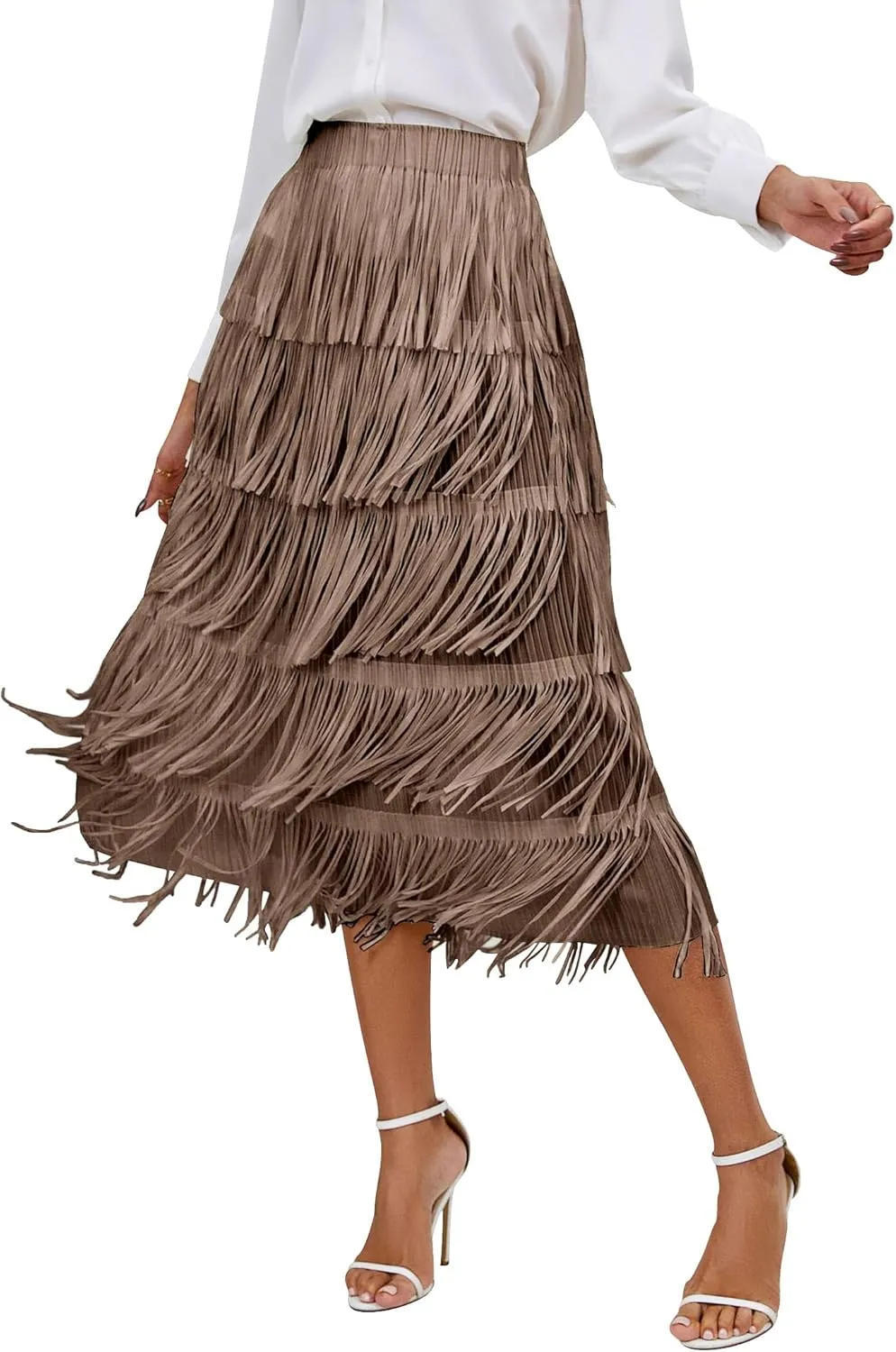 IWEMEK Elastic High Waist Fringe Skirts for Women Tassels Tiered Layered Midi Skirts Fall Christmas Party Casual A-Line Skirt