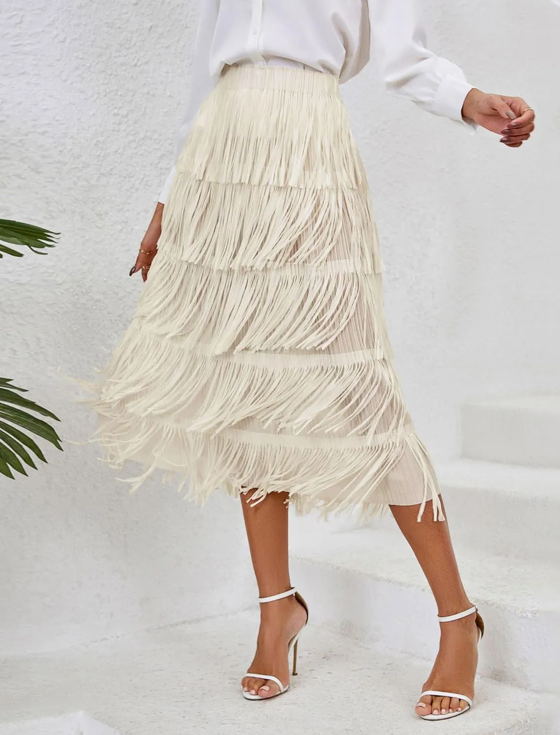 IWEMEK Elastic High Waist Fringe Skirts for Women Tassels Tiered Layered Midi Skirts Fall Christmas Party Casual A-Line Skirt