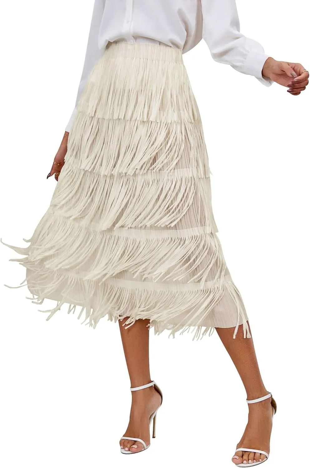IWEMEK Elastic High Waist Fringe Skirts for Women Tassels Tiered Layered Midi Skirts Fall Christmas Party Casual A-Line Skirt