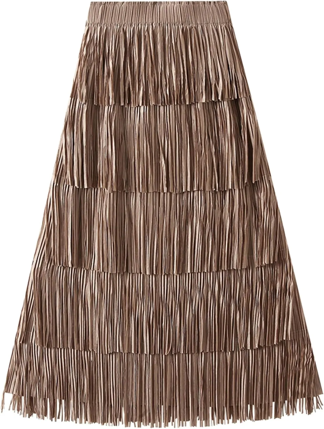 IWEMEK Elastic High Waist Fringe Skirts for Women Tassels Tiered Layered Midi Skirts Fall Christmas Party Casual A-Line Skirt