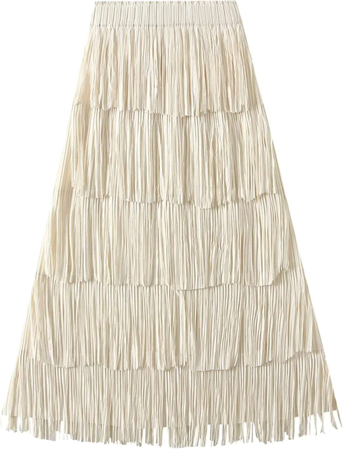 IWEMEK Elastic High Waist Fringe Skirts for Women Tassels Tiered Layered Midi Skirts Fall Christmas Party Casual A-Line Skirt